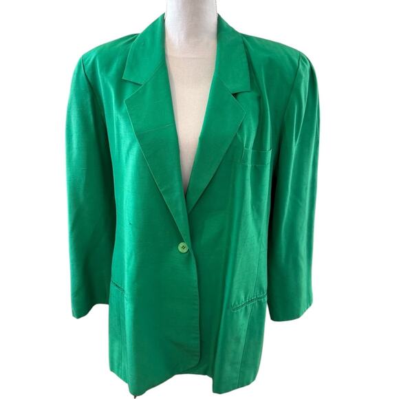 Vintage Constance Saunders Dupioni Silk Blazer Grass Green 12 - Picture 1 of 7